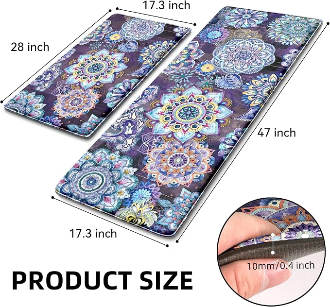 Boho Purple Floral Kitchen Rugs Mats for Floor 2 Piece Memory Foam Padded Kitchen Mats Anti Fatigue Non Slip Cushioned Comfort Standing Mat, 17.3x28+17.3x47 Inch