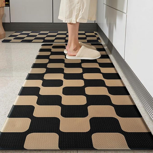 Black Brown Retro Curvy Checkered Grid Checkerboard Kitchen Rug Sets [2 PCs], Anti-Fatigue, Waterproof Non-Slip Kitchen Mats Heavy Duty Comfort Foam Rug for Floor, Home, Laundry,17"x29"+17"x47"