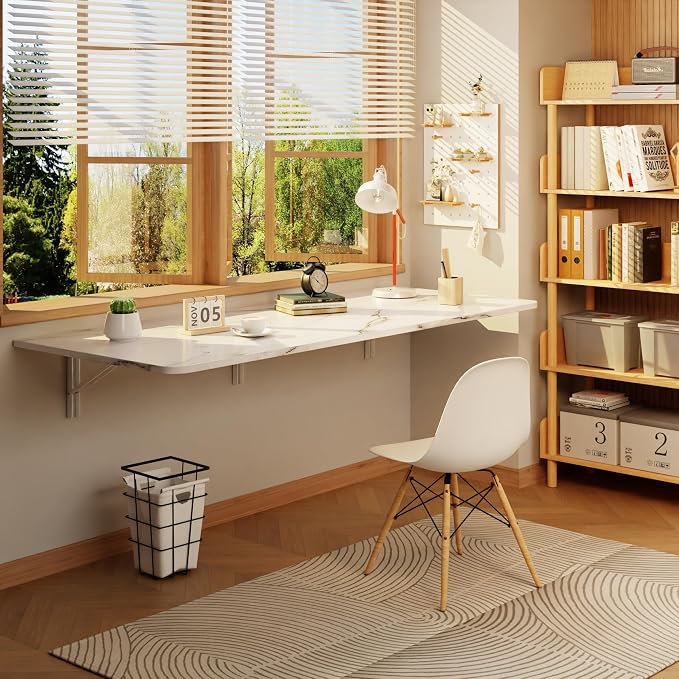 IAE Wall Mounted Floating Foldable Desk, 55" x 22" Folding Computer Workstation Table with Engineered Wood and Metal Shelf Brackets,Fold&Floating Design for Home Office, Apartment,Laundry Room,White