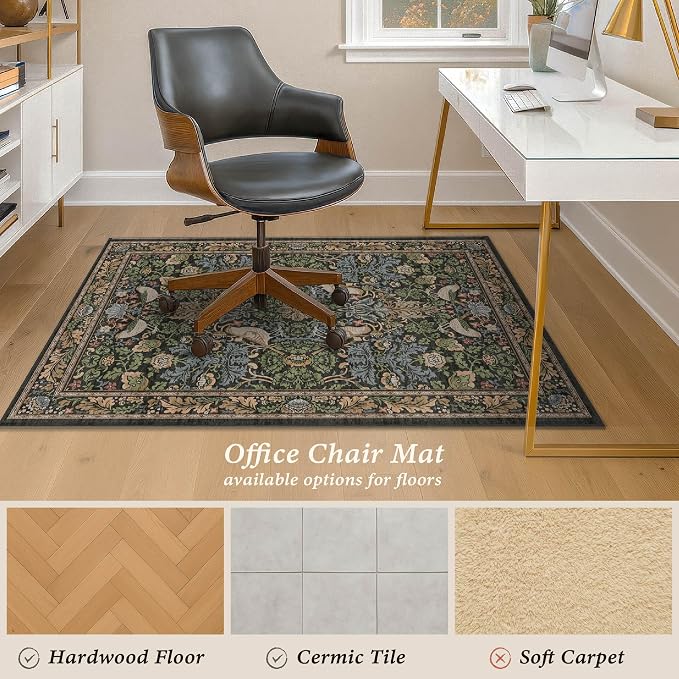 Washable 4x5 Boho Office Chair Mat for Hard Wood Floors, Green Floor Protector for Computer Chair, Rustic Botanical 48"x60" Low Pile Under Desk Rug, Easy to Clean, Non-Slip Stain & Fade Resistant