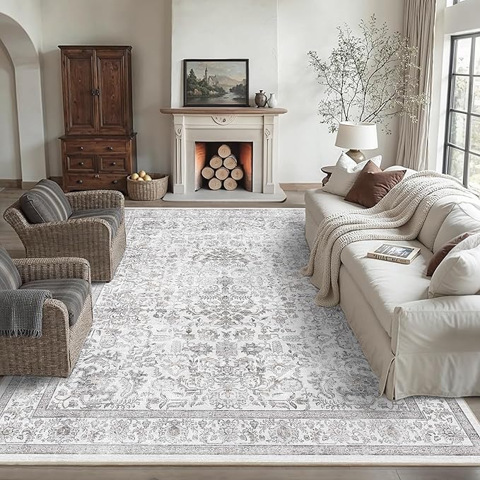 8x10 Gray Washable Area Rugs for Living Room Non Slip Low Pile Vintage Boho Throw Rug Soft Retro Distressed Floral Large Carpet Indoor Farmhouse Decor for Bedroom Dining Room Office Kitchen Playroom