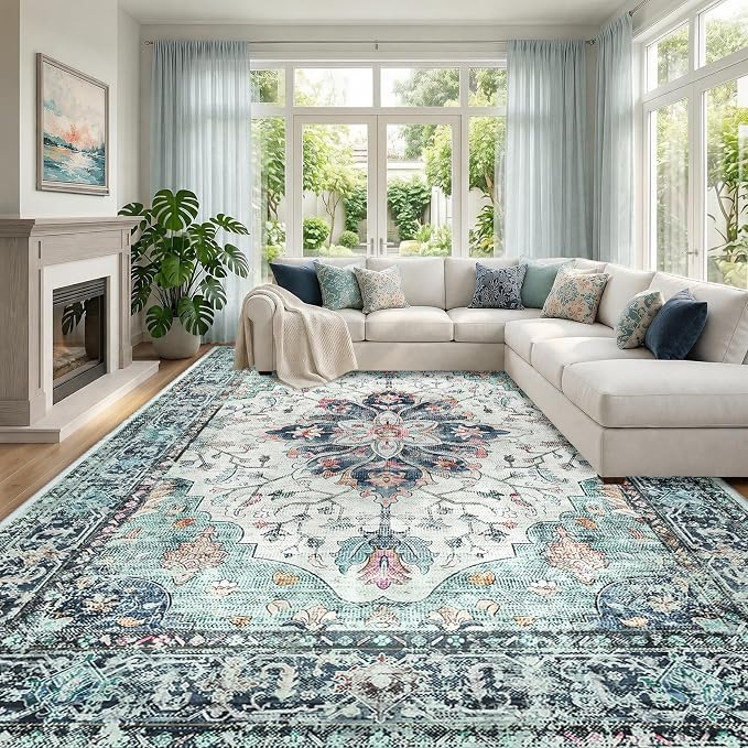 RELEANY Area Rugs Large 10'x14' Washable Non-Slip, Floral Vintage Distress Medallion Carpet for Living Room Bedroom Dining Room, Green Navy Blue White Red Teal