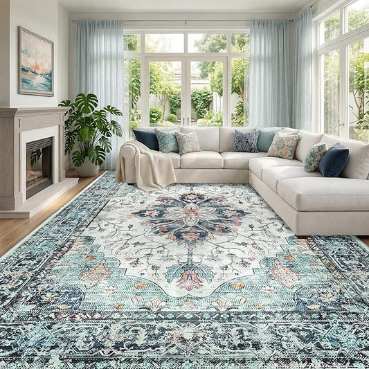 RELEANY Area Rugs Large 9'x12' Washable Non-Slip, Floral Vintage Distress Medallion Carpet for Living Room Bedroom Dining Room, Green Navy Blue White Red Teal