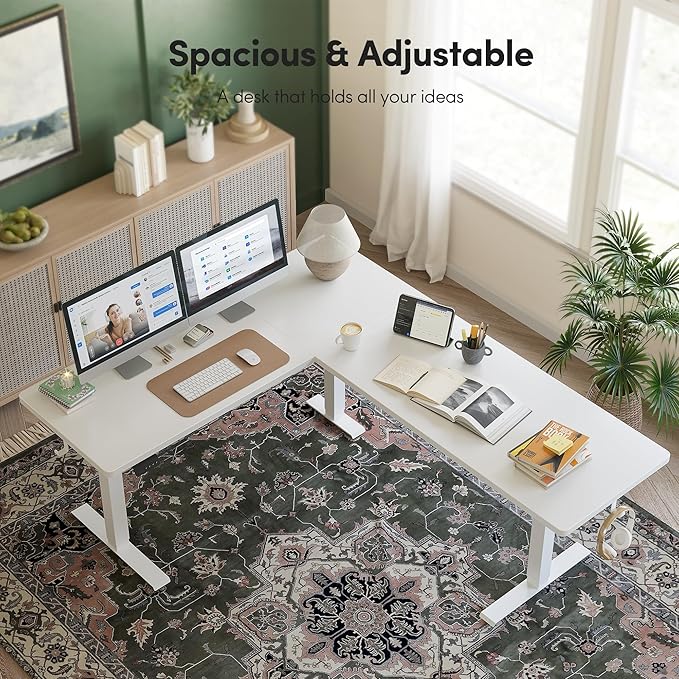 CubiCubi L Shaped Standing Desk 75 x 63 Inch Adjustable Height, Electric Corner Desk, Sit Stand Home Office Desk with Splice Board, White(2 Packages)