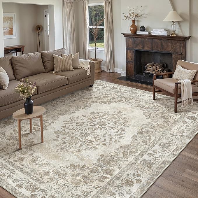 PureCozy 6x9 Area Rug Beige Washable Vintage Distressed Living Room Carpet Large Bedroom Indoor Medallion Floral Non Slip Retro Throw Floor Mat for Office Dining Room Kitchen Bathroom