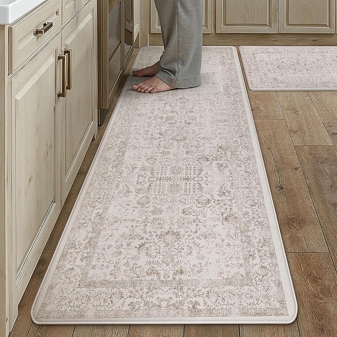 Kitchen Mats 2PCS Anti Fatigue Cushioned Mat Light Brown Vintage Kitchen Mats for Floor Waterproof Non Slip Comfort Standing Retro Floral Rug for Sink Laundry Office 17.3"x59"+17.3"x30"