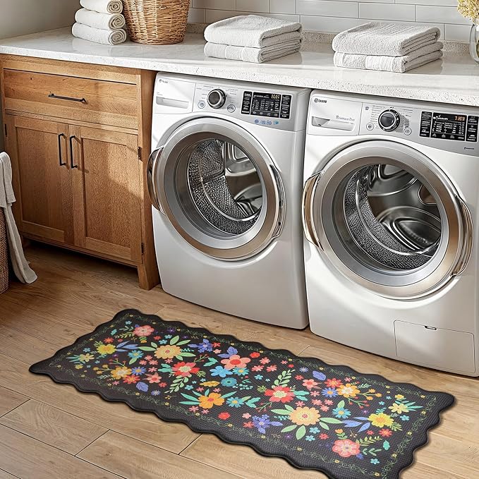 GENIMO Anti Fatigue Kitchen Mats for Floor 2PCS, Cushioned Standing Mats | 17.3"x47"&17.3"x30", Jet Black vintage floral rug set, waterproof, non slip, easy-clean for farmhouse