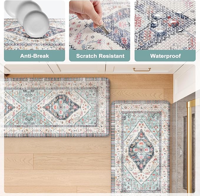 KIMODE Farmhouse Kitchen Mats, Anti Fatigue Kitchen Rugs Sets of 2, Non Slip Paded Kitchen Floor Mats, Blue Boho Laundry Room Rug, Ergonomic Cushioned Comfort Standing Mat for Office, Sink, Desk