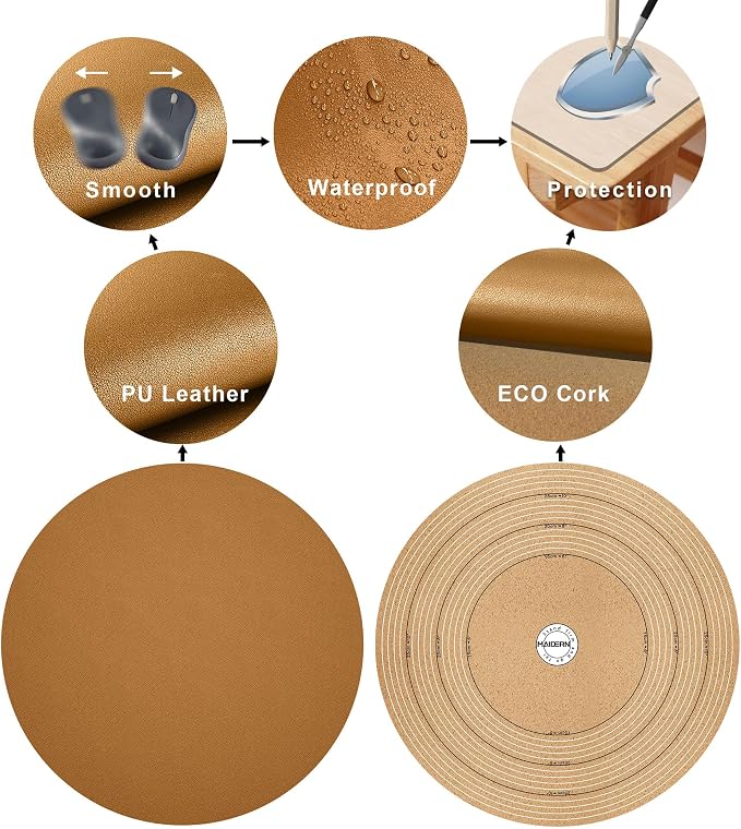 MAIDERN 12 Inch Round Cork & Leather Placemats, Cuttable Size (6-12 Inch), Trimmable Dining Table Mat, Heat Resistant/Non-Slip Table Cover for Kitchen, Office, or Restauran (Brown)