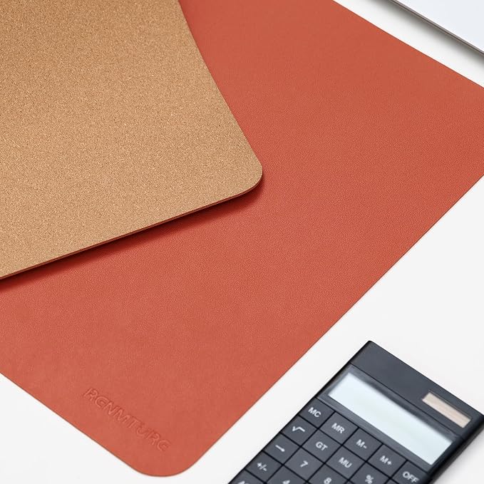 RENMTURE Dual-Sided Large Desk Pad, Faux Leather Natural Cork Mouse pad, Desk Accessories Protector, for Office and Home Work (Orange,36"x17")