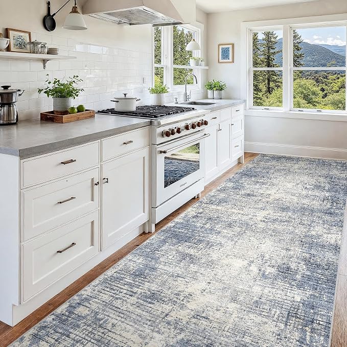 4x12 Hallway Washable Runner Rug - Non-Slip Kitchen Rugs with Rubber Backing Abstract Neutral Low-Pile Carpet Runners for Laundry Room Home Decor Bedroom Bathroom Entryway (Blue Gray,4x12)