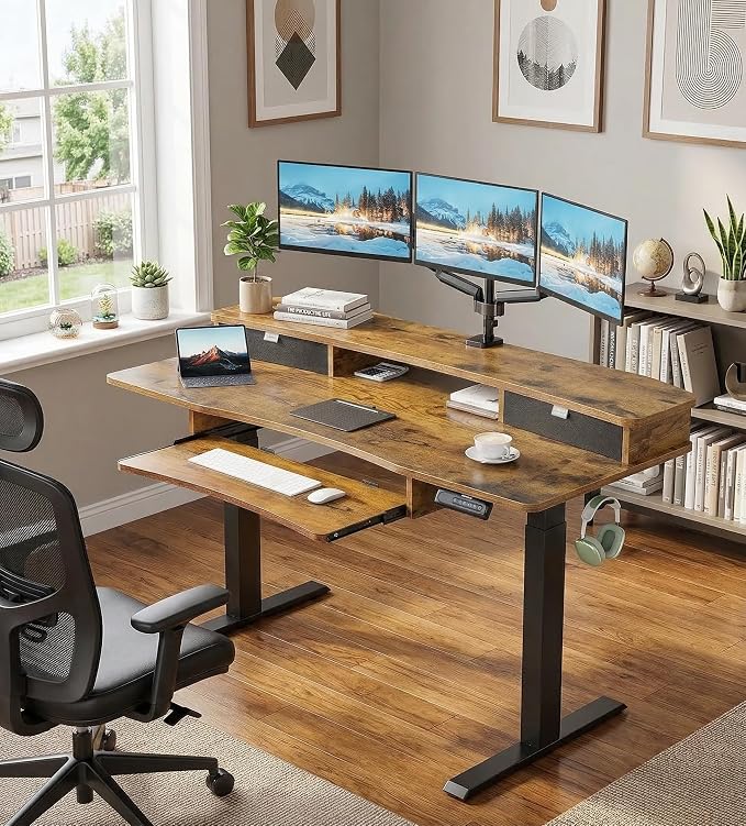 HUANUO 55" x 26" Electric Standing Desk, 2 Drawers & Keyboard Tray, Vintage | Ergonomic Desk with 2 Drawers: 27.9"-46.8" electric lifting. 26.7" keyboard tray & C-clamp mount top maximize workspace