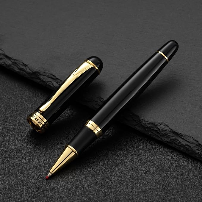 Luxury Metal Rollerball Pen Set – Stainless Steel Barrel, Cool Fine Point Pen with Gift Box & 2 Extra Refills – Premium Business & Signature Pens for Men & Women (Black)