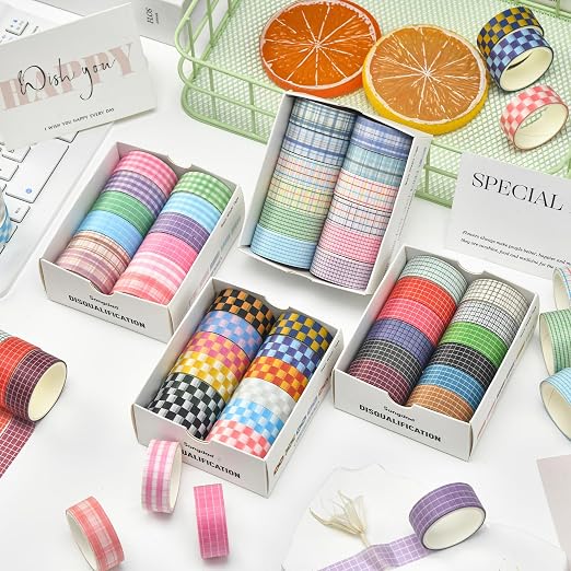 12 Rolls Grid Washi Tape Set Plaid Arts Adhesive Tapes Basic Patterns Decorative Masking Tape Sets for Craft, Kids, Scrapbook, DIY, Gift Wrapping (Style Three)