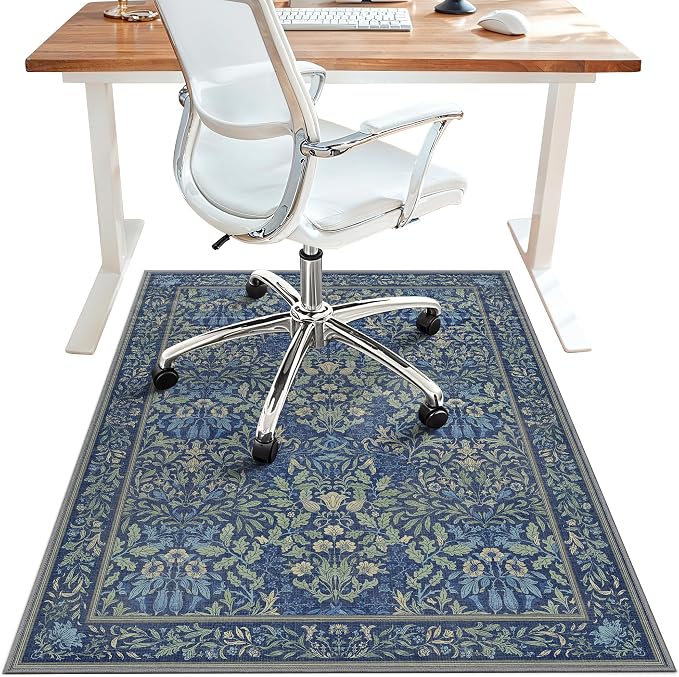36"x60" Office Chair Mat for Hardwood Tile Floor, Under Desk Carpet Protector for Rolling Computer Chair Mat, Machine Washable Area Rug, Anti-Slip 1/5" Thick Low Pile Thin Vinyl Floor Mat, Dark Blue
