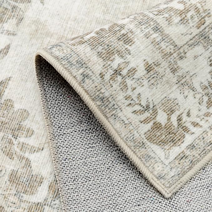 PureCozy 5x7 Area Rug Beige Washable Vintage Distressed Living Room Carpet Large Bedroom Indoor Medallion Floral Non Slip Retro Throw Floor Mat for Office Dining Room Kitchen Bathroom