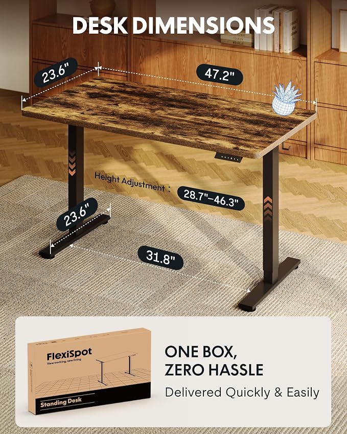 FLEXISPOT EN1 One-Piece Standing Desk, 48"x24" Seamless Desktop Electric Height Adjustable Desk for Home Office, Multi-Monitor Setups & Easy Assembly, Rustic (Black Frame)