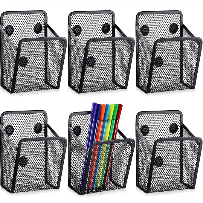 Yexiya Magnetic Pencil Holder Metal Magnetic Basket Mesh Pen Holder Black Desk Organizer for Work Whiteboard Refrigerator Locker Office Accessories(6 Pcs)