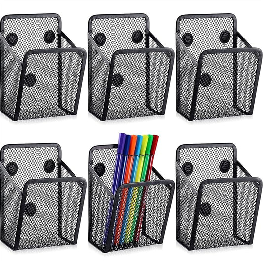 Yexiya Magnetic Pencil Holder Metal Magnetic Basket Mesh Pen Holder Black Desk Organizer for Work Whiteboard Refrigerator Locker Office Accessories(6 Pcs)