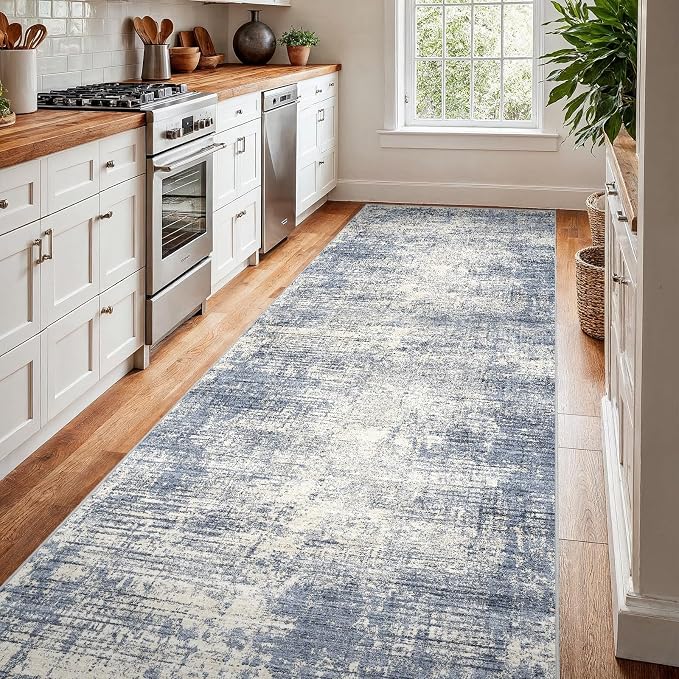 4x10 Hallway Washable Runner Rug - Non-Slip Kitchen Rugs with Rubber Backing Abstract Neutral Low-Pile Carpet Runners for Laundry Room Home Decor Bedroom Bathroom Entryway (Blue Gray,4x10)