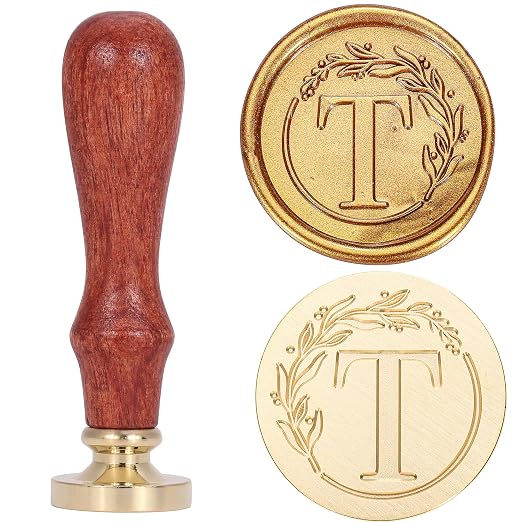 Yoption Letter Wax Seal Kit, Vintage Initial Alphabet T With Wreath Stamp and 120 Antique Gold Seal Beads