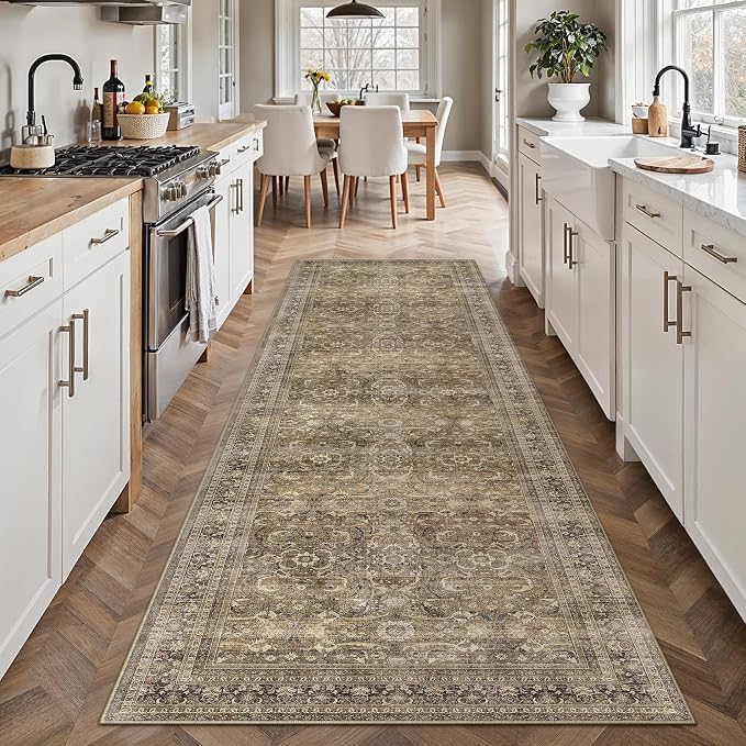 HUGEAR 2'6''x8' Runner Rug Hallway Vintage Brown Machine Washable Retro Floral Low Pile Carpet Distressed Long Throw Rug Bedroom Kitchen Laundry Non Slip Soft Lightweight