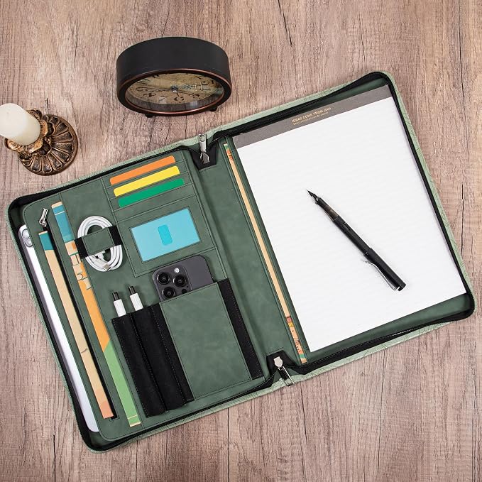 Embossed Vegan Leather Portfolio for Women,Professional Organize Padfolio with A4 Notepad Holder,Professional Business Document Organizer for Women (Light Green)