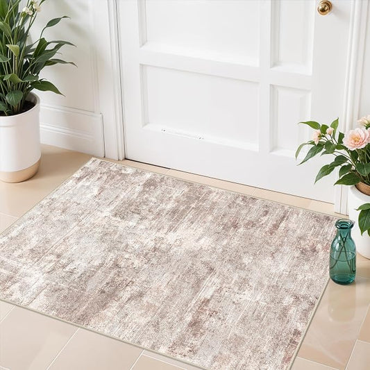 2x3 Rug Ultra Soft Abstract Rug - Area Rug Stain Resistant for Living Room Non Slip Indoor Entryway Rubber Backing Carpet Bedroom Kitchen Distressed Floor Decor Mat 2X3Brick/Brown/Beige