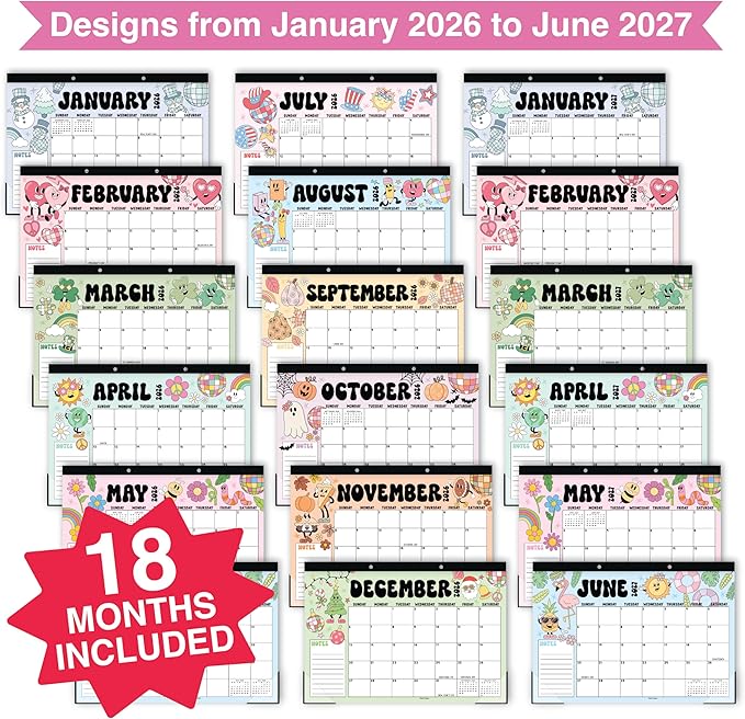 Hadley Designs Large Desk Calendar 2026-2027 - Desktop Calendar 2026, 18-Month Desk Calendars for Home, Office & Classroom, Cute Retro Classroom Must Haves, Gifts for Coworkers, Teachers & Students