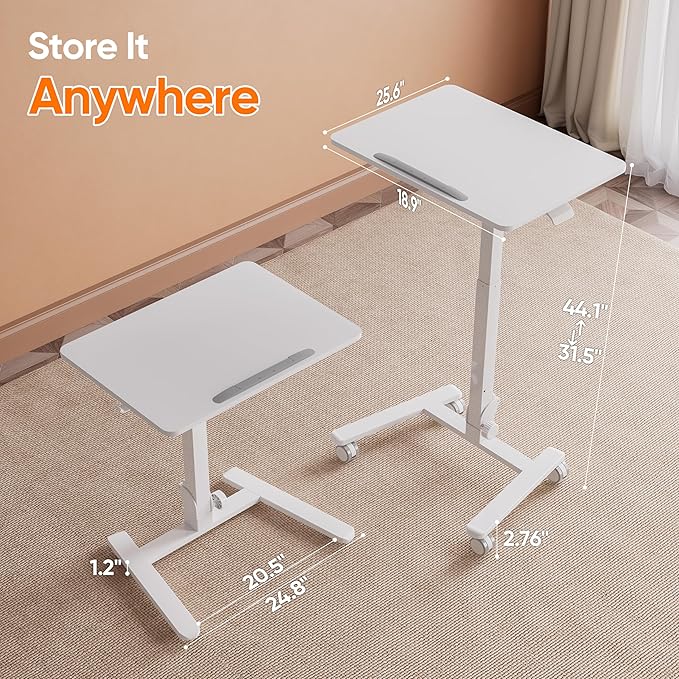 Monomi Mobile Folding Desk 25.6 Inch, Small Sit-Stand Height Adjustable Rolling Laptop Desk, Space-Saving Portable Desk with Wheels for Home Office Craft & Study, White