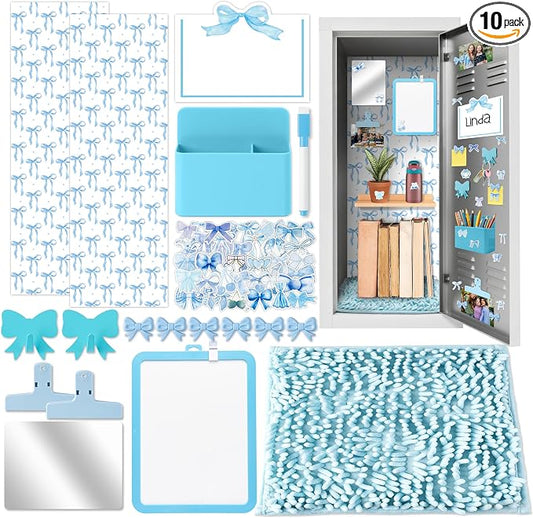 BeYumi Blue Locker Accessories Kit - Back to School Blue Bow Locker Organizer Decoration Supplies for Girls Magnetic Wallpaper Pen Holder Whiteboard Marker Mirror Magnets Rug Classroom Accessories Kit