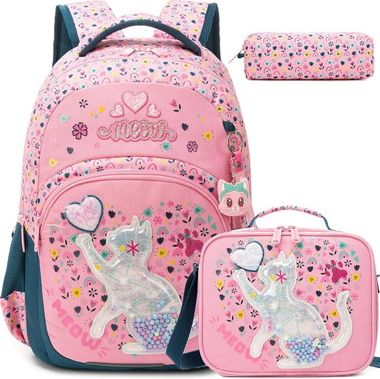 Backpack for Girls,Kids Backpack for Girls with Lunch Box Pencil Case Set Cute Cat Kids Schoolbag for Girl,Lightweight Travel Daypack Birthday Christmas for Girl Back to School Supplies
