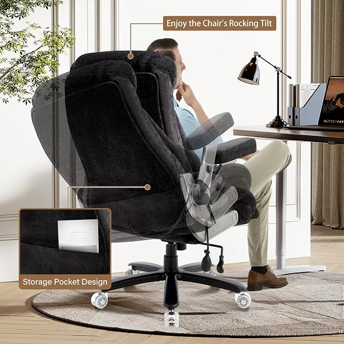 Fabric 700lbs Big and Tall Office Chair, Ergonomic Heavy Duty Executive Cloth Office Chair with 5D Flip Arms & Adjustable Lumbar Support & Dual Rubber Wheel, Large Thick Padded Extra Wide Seat, Black