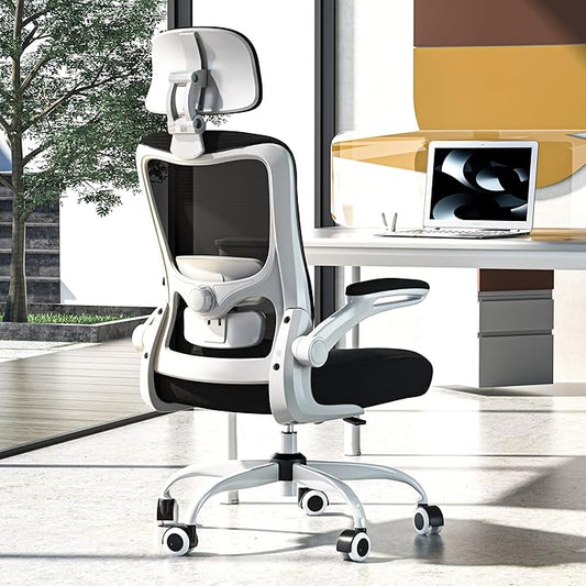 Ergonomic Office Chair, High Back Mesh Desk Chair with Adjustable Lumbar Support & Headrest, Flip-up Armrest, Computer Task Chairs for Home and Executive Office (W-Black)