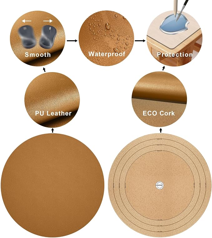MAIDERN 18 Inch Round Cork & Leather Placemats, Cuttable Size (12-18 Inch), Trimmable Dining Table Mat, Heat Resistant/Non-Slip Table Cover for Kitchen, Office, or Restauran (Brown)
