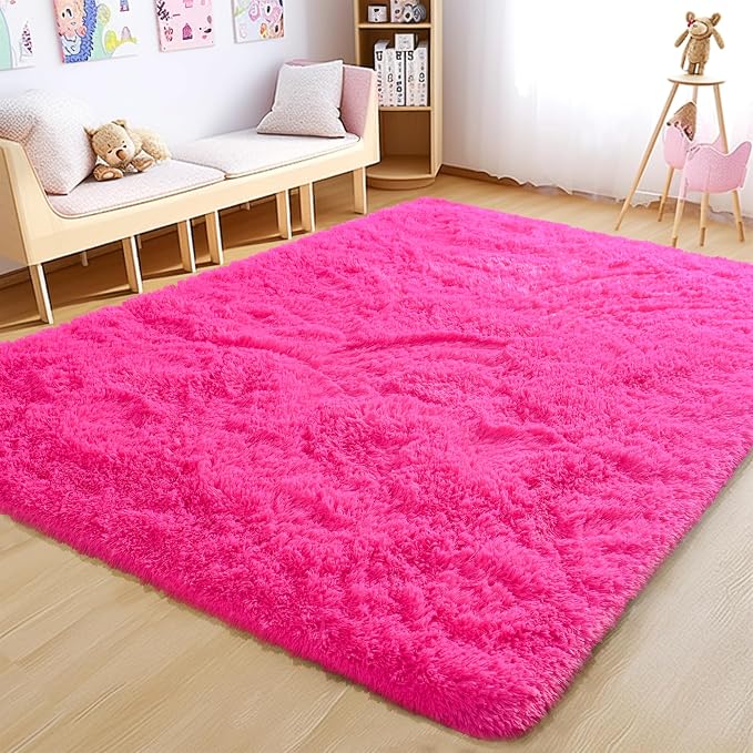 Awaytail Fluffy Rug Non Slip 5x7 Feet, Hot Pink Living Room Rug Modern, Super Soft Shag Plush Large Carpets for Bedroom