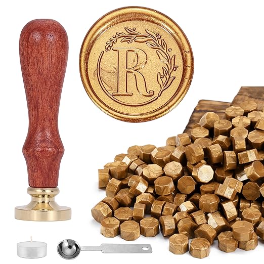 Yoption Letter Wax Seal Kit, Vintage Initial Alphabet R With Wreath Stamp and 120 Antique Gold Seal Beads