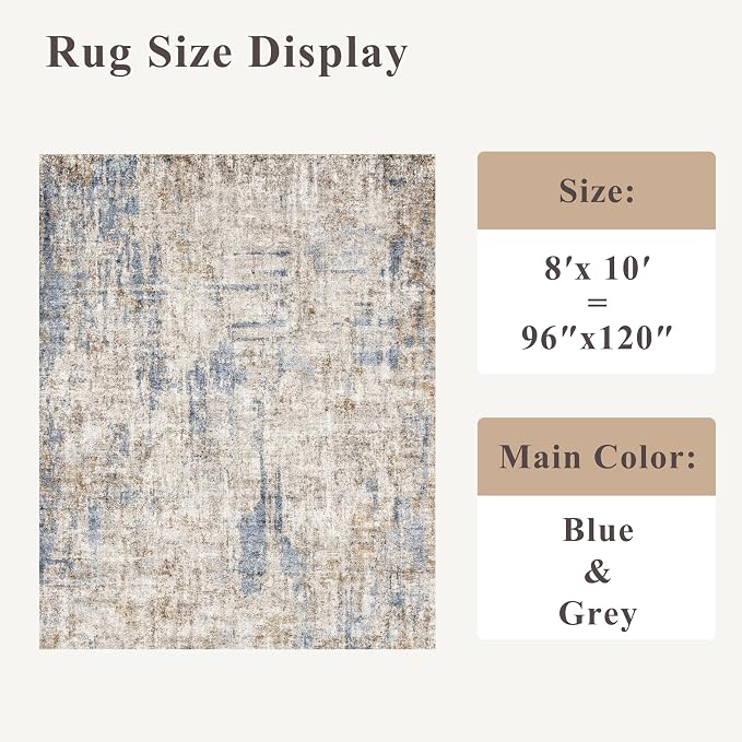 Washable 8x10 Area Rug – Modern Neutral Abstract Soft Non-Slip Stain-Resistant Low Pile Thin Carpet for Living Room Bedroom Dining Room Under Table Home Office(Blue Brown)