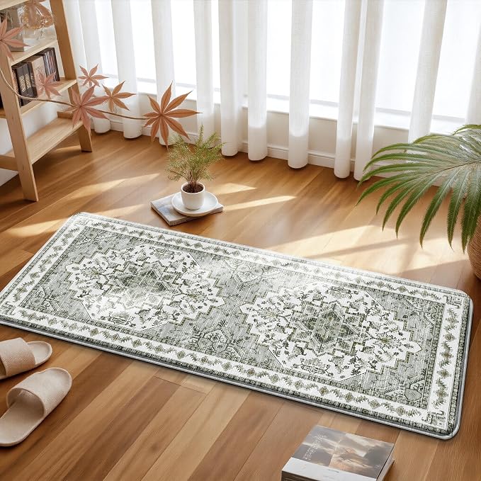 Boho Kitchen Mats for Floor 2 Piece Set Anti Fatigue Cushioned PVC Kitchen Rugs Non Slip Waterproof Farmhouse Mats 2/5 Inch Comfort Standing Mat for Laundry, 17.3"x59"+17.3"x28", Grey