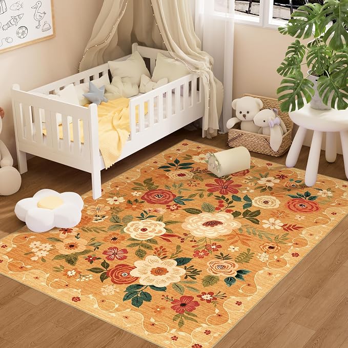 DUKINO 3x5 Area Rug, Floral Rugs for Living Room, Lightweight Non Slip Washable Rug, Indoor Low Pile & Non-Shedding Boho Design Rugs for Bedroom, Living Room, Dining Room, Orange