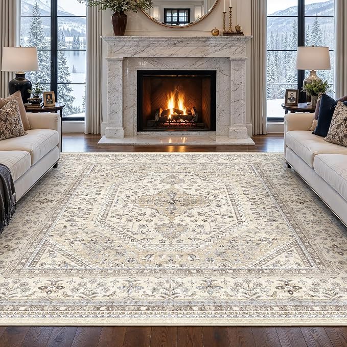 Puino 10x10 Square Area Rug - Washable Oriental Large Rugs for Living Room Soft Non-Slip Backing Indoor Carpet for Bedroom Low Pile Stain Resistant Floor Mat for Dinning Room Home Decor Beige/Gray
