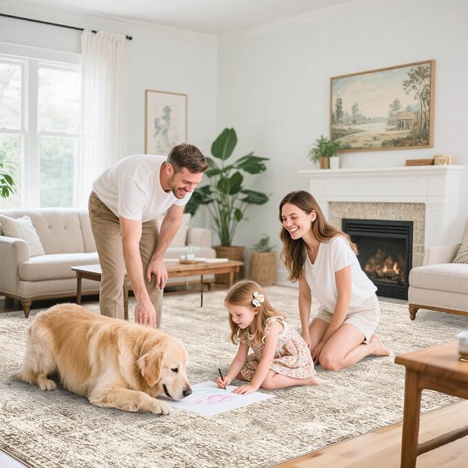 TOPRUUG Washable 12x18 Area Rug - Extra Large Rugs for Living Room Soft Low Pile Carpet for Bedroom Non-Slip Stain Resistant Vintage Indoor Floor Carpets (Beige Brown, 12x18)