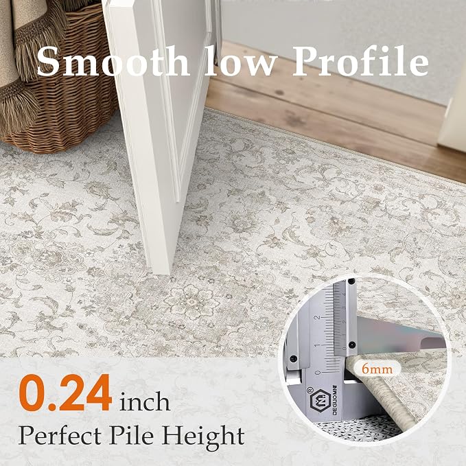 HUGEAR 2x3 Entrance Area Rug Vintage Beige Small Rug Machine Washable Door Mat Neutral Floral Low Pile Carpet Vacuumable Thin Throw Rug Entryway Kitchen Bathroom Bedroom Non Slip Lightweight