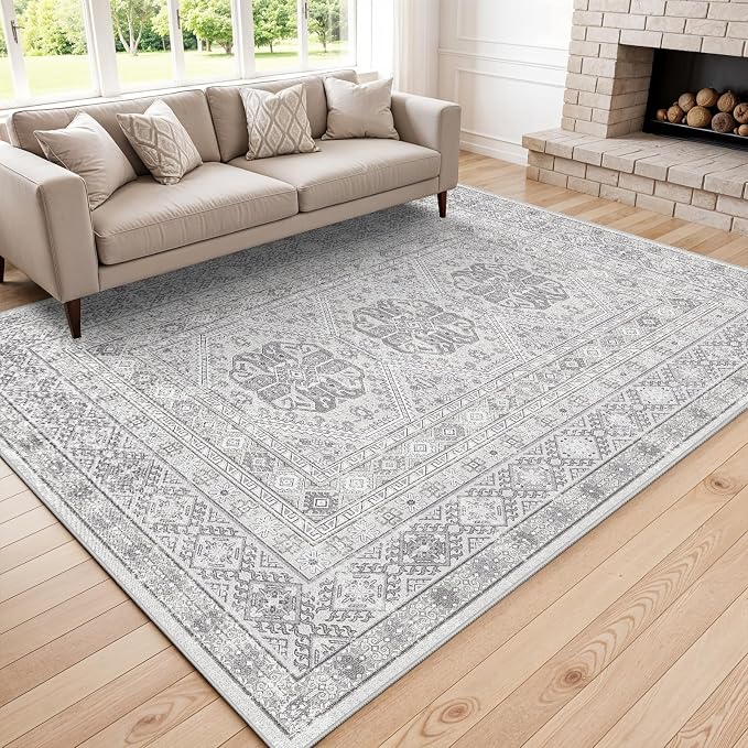 6x9 Area Rugs for Living Room:Washable Oriental Rug for Bedroom Dining Room Carpet 6 by 9 Indoor Non Slip Rubber Backing Neutral Nursery Dorm Home Office Kids Beige (Grey, 6x9)