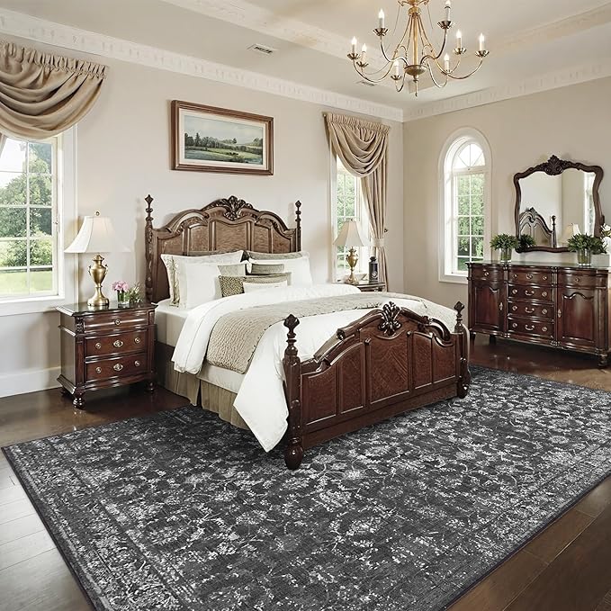 10x12 Black Washable Area Rugs for Living Room Vintage Boho Non Slip Large Rug Distressed Floral Carpet Indoor Retro Soft Low Pile Farmhouse Throw Rug for Bedroom Dining Nursery Office