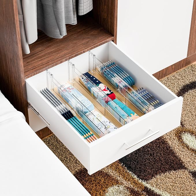 12 Pack Clear Acrylic Drawer Divider 6 Inch High,Expandable from 14-20'',Adjustable Dresser Drawer Dividers for Baby Clothing,Underwear and Sock,Separators,Deep Drawer Separators for Kitchen