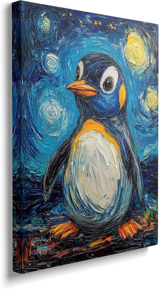 Penguin Starry Night Canvas Wall Art Animal Pictures for Kitchen Living Room Bedroom Bathroom Office,Penguins Abstract Print Penguin Painting Home Modern Art Work Framed Wall Art Decor 20" x 16"