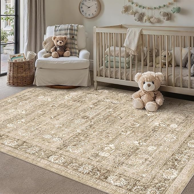 6x9 Beige Washable Area Rugs for Living Room Non Slip Low Pile Vintage Boho Throw Rug Khaki Soft Retro Distressed Floral Large Carpet Indoor for Bedroom Dining Room Office Kitchen Playroom