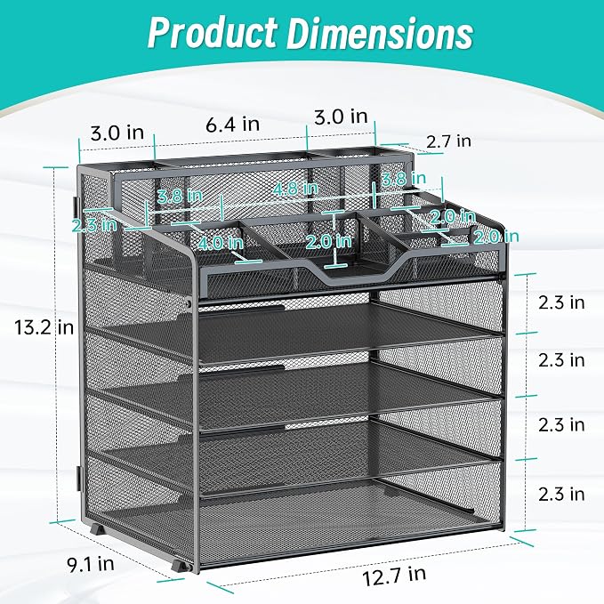 5 Tier Mesh Paper Desk Organizer with Pen Holders, Black | Features 3 pen holders, and 5 adjustable compartments for office school home desk storage