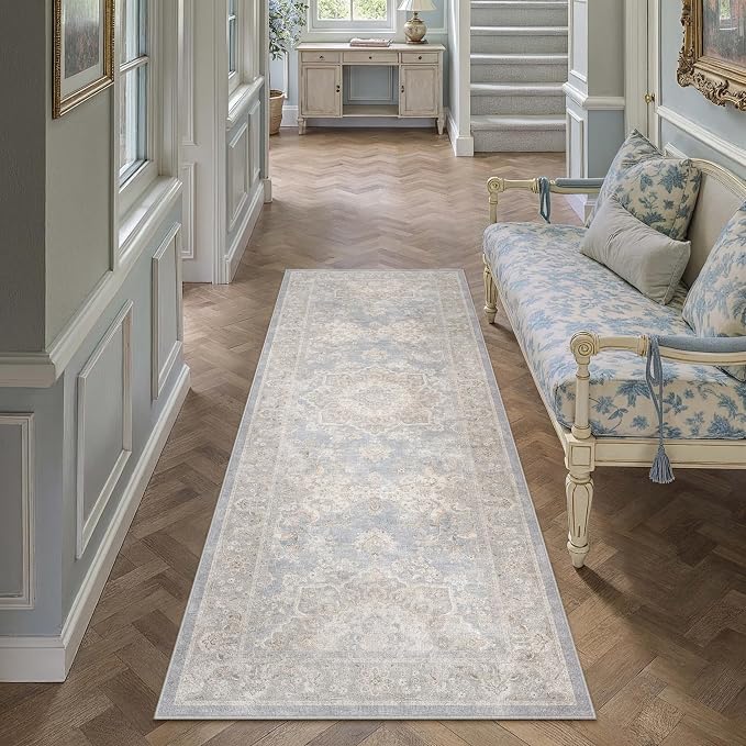 PureCozy Blue Runner Rug 2x6 Hallway Washable Vintage Carpet for Kitchen Non Slip Soft Low Pile Indoor Retro Oriental Medallion Accent Throw Long Rug Rug for Bathroom Laundry Dining Room